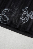 Black Round Neck Bow Print Long Sleeve Mesh Top