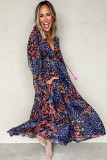 Blue Floral Print Tassel Tie V Neck Long Sleeve Flowy Long Dress