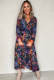 Blue Floral Print Tassel Tie V Neck Long Sleeve Flowy Long Dress