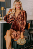 Clay Elastic V Neck Puff Sleeve Short Velvet Dress