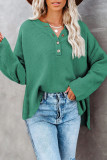 Green-2 Henley Pullover Drop Shoulder Sweater with Slits