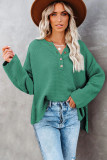Green-2 Henley Pullover Drop Shoulder Sweater with Slits