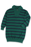 Green Striped/Solid O-ring Zip Collared Loose Sweater Mini Dress
