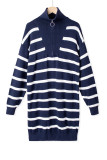 Blue Striped/Solid O-ring Zip Collared Loose Sweater Mini Dress