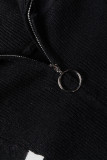 Black Striped/Solid O-ring Zip Collared Loose Sweater Mini Dress