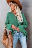 Green-2 Henley Pullover Drop Shoulder Sweater with Slits