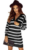 Black Striped/Solid O-ring Zip Collared Loose Sweater Mini Dress