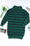 Green Striped/Solid O-ring Zip Collared Loose Sweater Mini Dress