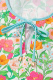 Green Floral Print Striped Trim Tie Neck Puff Sleeve Babydoll Blouse