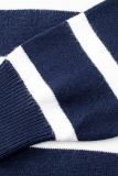 Blue Striped/Solid O-ring Zip Collared Loose Sweater Mini Dress