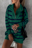 Green Striped/Solid O-ring Zip Collared Loose Sweater Mini Dress