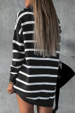 Black Striped/Solid O-ring Zip Collared Loose Sweater Mini Dress