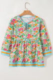 Green Floral Print Striped Trim Tie Neck Puff Sleeve Babydoll Blouse