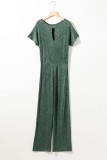 Mist Green Ribbed Keyhole Short Sleeve Wide Leg Jumpsuit