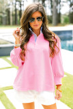 Bonbon Button Striped Collar Patchwork Puff Sleeve Sweatshirt