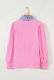 Bonbon Button Striped Collar Patchwork Puff Sleeve Sweatshirt
