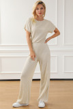 Oatmeal Ribbed Keyhole Short Sleeve Wide Leg Jumpsuit