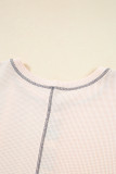 Beige Striped Waffle Patchwork Exposed Seam Raw Edge Casual Knit Top