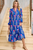 Blue Floral Print Striped Trim Split Neck Long Sleeve Ruffle Hem Midi Dress