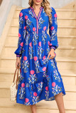 Blue Floral Print Striped Trim Split Neck Long Sleeve Ruffle Hem Midi Dress