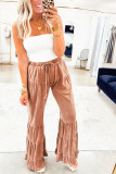 Straw Yellow Mineral Wash Lace-up High Waist Tiered Bell Bottom Pants