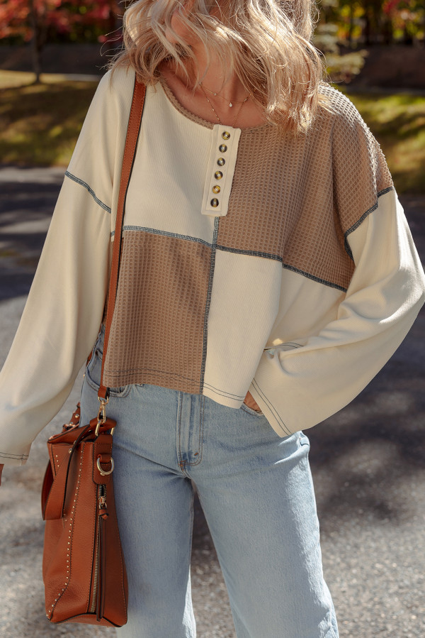 Beige Color Block Waffle Knit Stitch Detail Long Sleeve Top