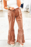 Straw Yellow Mineral Wash Lace-up High Waist Tiered Bell Bottom Pants