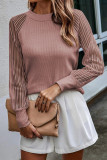 Pink Black Striped Mesh Long Sleeve Crewneck Ribbed Top