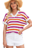 Rose Stripe V Neck Short Sleeve Sweater with Side Slits