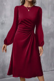 Burgundy Solid Color Ruched Detail Long Sleeve Midi Dress