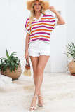 Rose Stripe V Neck Short Sleeve Sweater with Side Slits