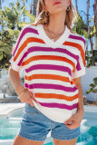 Rose Stripe V Neck Short Sleeve Sweater with Side Slits