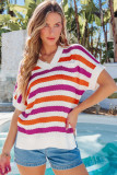 Rose Stripe V Neck Short Sleeve Sweater with Side Slits