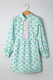 Green Floral Print Notched Neck Scalloped Detail Long Sleeve Mini Dress