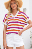 Rose Stripe V Neck Short Sleeve Sweater with Side Slits
