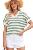 Green Stripe V Neck Short Sleeve Sweater with Side Slits