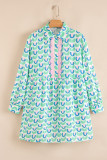 Green Floral Print Notched Neck Scalloped Detail Long Sleeve Mini Dress