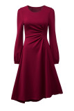 Burgundy Solid Color Ruched Detail Long Sleeve Midi Dress