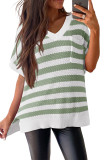 Green Stripe V Neck Short Sleeve Sweater with Side Slits