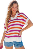 Rose Stripe V Neck Short Sleeve Sweater with Side Slits