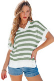 Green Stripe V Neck Short Sleeve Sweater with Side Slits