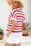 Rose Stripe V Neck Short Sleeve Sweater with Side Slits