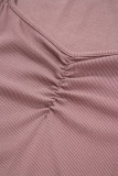 Old Rose Gathered Bust Square Neck Ribbed Fit Long Sleeve Top