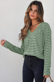 Green Stripe V Neck Stretchy Long Sleeve Top