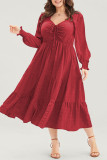 Fiery Red Lace-up Ruched Front Long Sleeve Ruffle Hem Plus Size Midi Dress