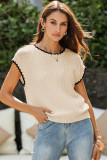 Beige Contrast Trim Boxy Fit Knit Short Sleeve Sweater Top