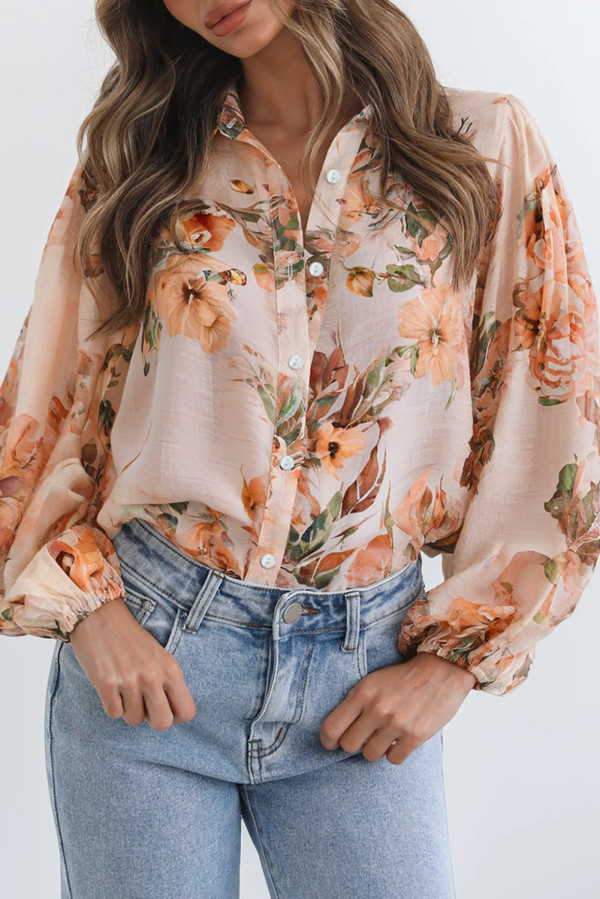 Orange Floral Puff Sleeve Lightweight Shirt