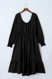 Black Lace-up Ruched Front Long Sleeve Ruffle Hem Plus Size Midi Dress