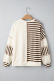 Khaki Stripe Stitched Detail Color Block Patchwork Oversized Pullover Top