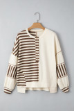 Khaki Stripe Stitched Detail Color Block Patchwork Oversized Pullover Top